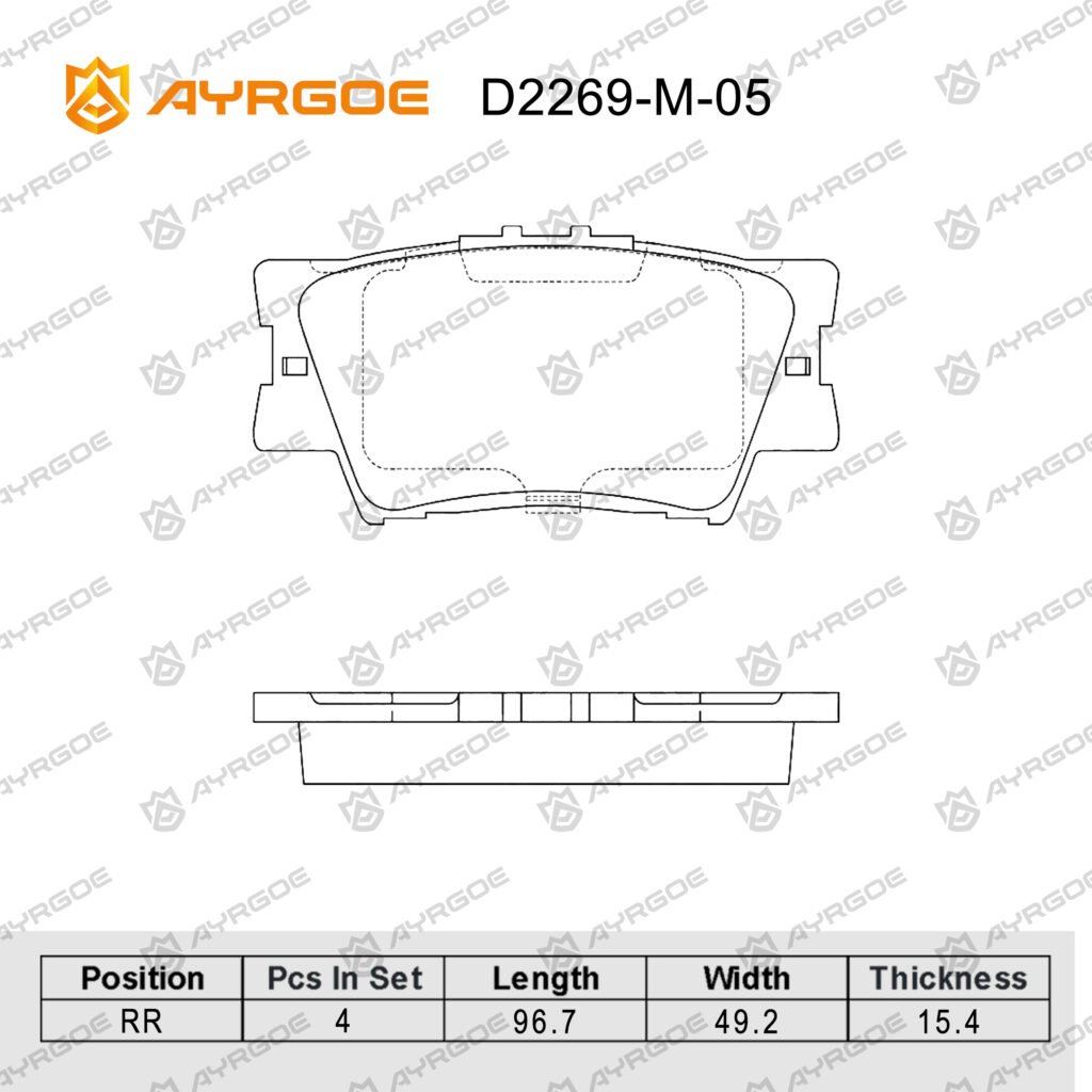 AYRGOE D2269-M-05 BRAKE PAD RR Toyota Camry XV40 06-11,XV50 11-18,XV70 A25A-FKS 17-/RAV4 XA30 05-12, XA40 12-18/Avalon XX30 XX40 XX50 05-23/Matrix E140 08-15/Lexus ES XV40 XV60 09-18