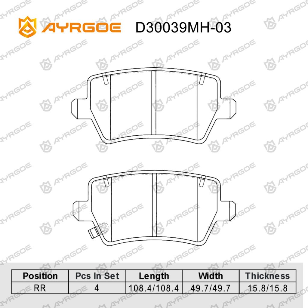 AYRGOE D30039MH-03 BRAKE PAD RR Chery Arrizo 6 20-/Tiggo 4,8,8Pro, 8Pro Max 1.5-2.0 20-/Exceed TXL VX 1.6 2.0 19-/Jac J7 20-/JS4 22-/ MOSKVICH (AZLK)  3 22-/Jaecoo J7 1.6 23-/Jetour Dashing 22-