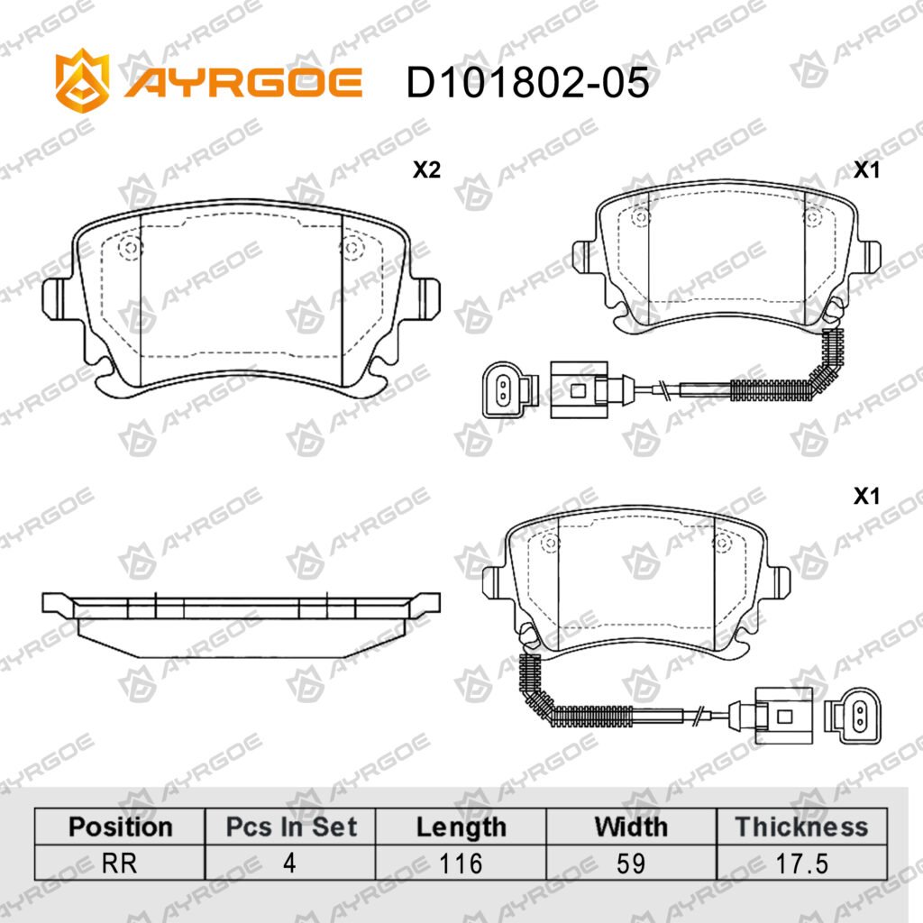 AYRGOE D101802-05 BRAKE PAD RR Audi A4 02-09/A6 04-11/A8 03-10 RS4 RS6 02-10/VW Multivan 03-09/Phaeton 02-16/Transporter 03-24/Bentley Continental GT 03-15/Continental GTC 06-14