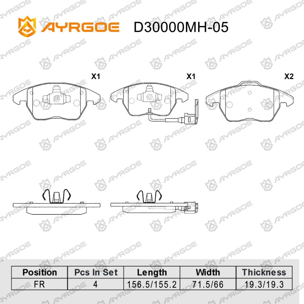 AYRGOE D30000MH-05 BRAKE PAD FR VW Golf V VI 03-13/Jetta V VI 05-18/Passat 09-15/Polo V 09-17/Caddy 95-15/Tiguan 07-18/Skoda Octavia 04-13/Yeti 09-18/Audi A1 11-18/A3 09-14/Peugeot 207 208 307 308 408 5008