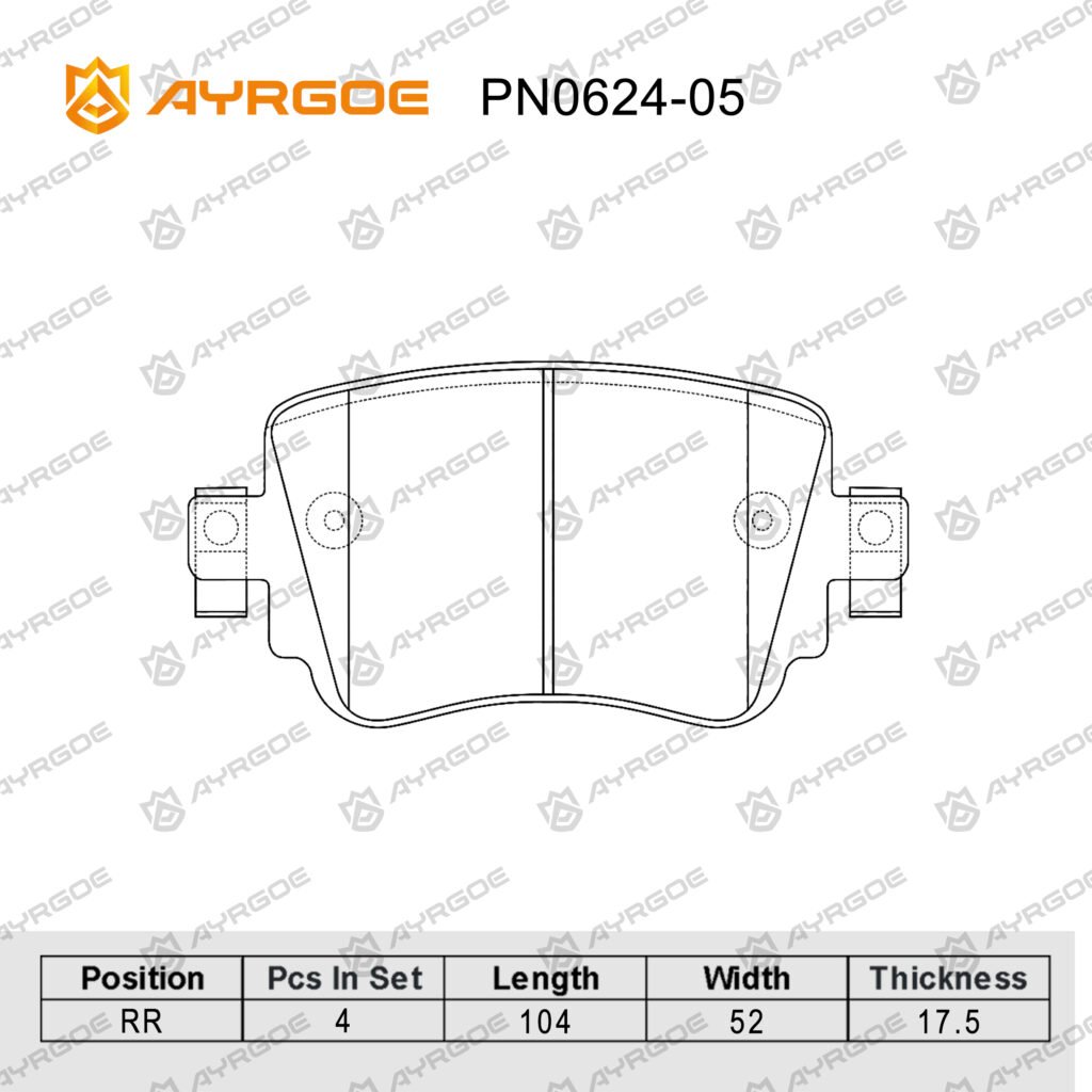 AYRGOE PN0624-05 BRAKE PAD RR VW Golf VII 14-21/Passat 13-15/Polo VI 18-20/Sharan 15-20/Caddy IV 15-20/Skoda Octavia III 12-20/Audi A1 14-20/Q3 14-19
