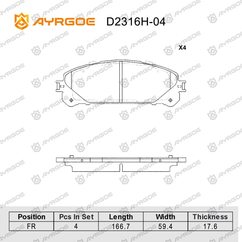AYRGOE D2316H-04 BRAKE PAD FR TOYOTA CAMRY XV70 2GR-FKS 17-/HIGHLANDER XU40 XU50 09-19/RAV4 XA40 XA50 15-/ALPHARD ANH20W 08-15,GGH30L 15-,XU40 23-/SIENNA XL30 XL40 11-24/LEXUS RX AL10 20 08-25