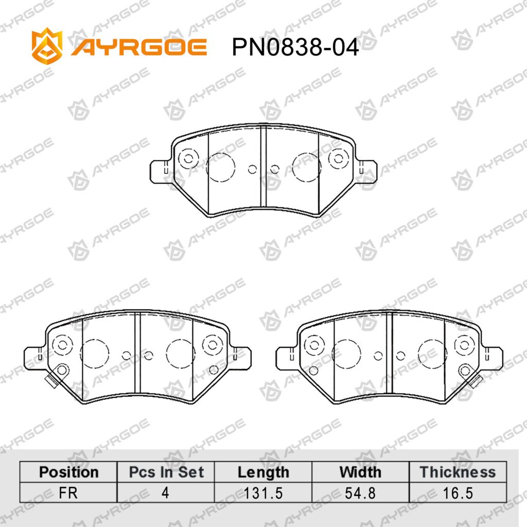 AYRGOE PN0838-04 BRAKE PAD FR CHERY TIGGO 2 1.5T 22-/ARRIZO 5 PLUS 1.5L 22-/TIGGO 5X 1.5T 17-/OMODA S5 1.5L 22-/KAIYI E5 1.5L 22-/LIFAN X60 1.8L 12-/CHERY TIGGO 5 2.0L 14-/TIGGO 1.6L 2.0L 06-16