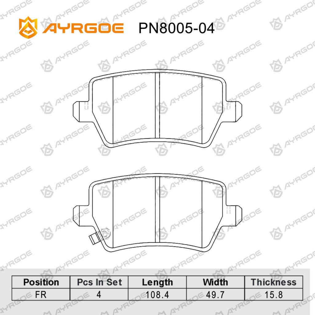 AYRGOE PN8005-04 BRAKE PAD FR JAC J7 19-/S7 21-/JS4 22-/CHERY TIGGO 4 PRO 20-/TIGGO 7 16-19,/TIGGO 8 18-20/8 PRO(MAX) 20-/EXEED VX, TXL 20-/JETOUR  X70 18-/X70 PLUS 18-/X90 PLUS 21-/CHERY ARRIZO 6