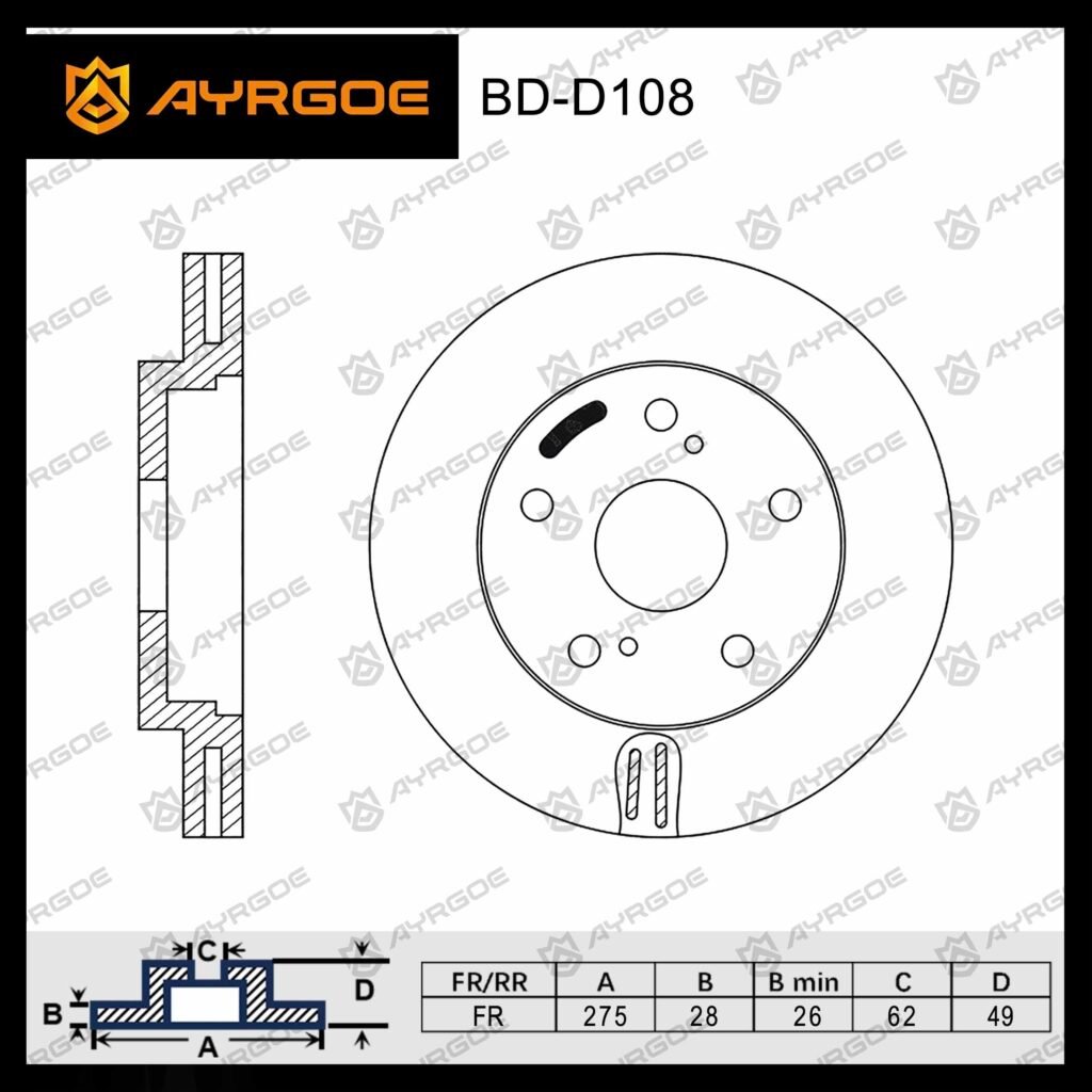 AYRGOE 43512-33041-04 BRAKE DISC FR TOYOTA CAMRY XV20 96-01, XV30 01-06/WINDOM XV20 96-01/LEXUS ES XV20 96-01 (A275xB28xC62xD49x5)