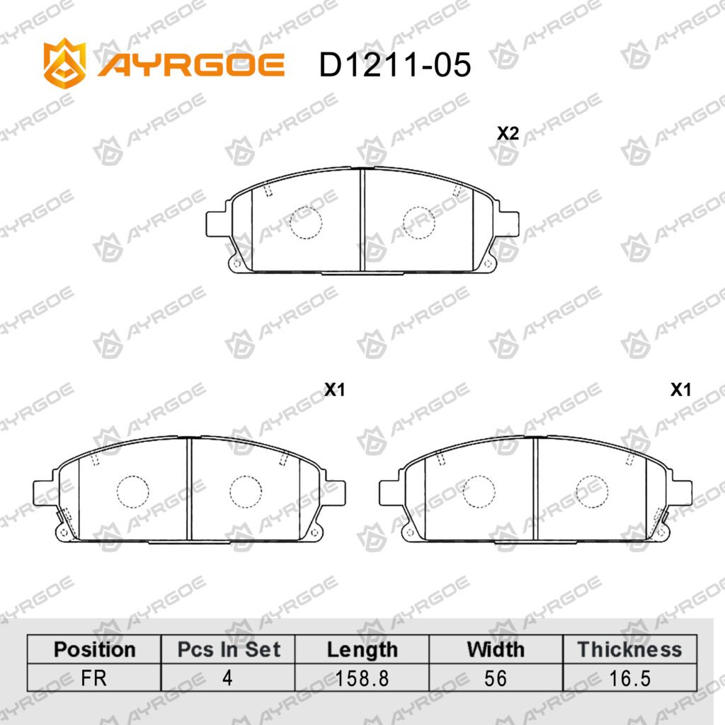 AYRGOE D1211-05 BRAKE PAD FR NISSAN X-Trail T30/Pathfinder Terrano R50/Elgrand E50 E51/Serena C24/Rnessa 97-02/Quest 03-09/Infiniti Q45 QX4/Honda Elysion 04-13/Acura MDX 03-06