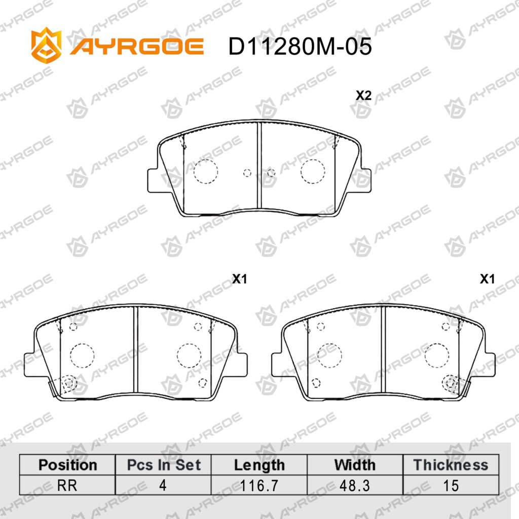 AYRGOE D11280M-05 BRAKE PAD RR Hyundai Santa Fe CM 06-12, DM 15-19/H1 Starex 01-07/Sorento XM 09-14/K9 14-18/Mohave HM 08-17/Ssangyong Musso 18-/Rexton Sport 18-/Genesis G70 17-/G80 16-20