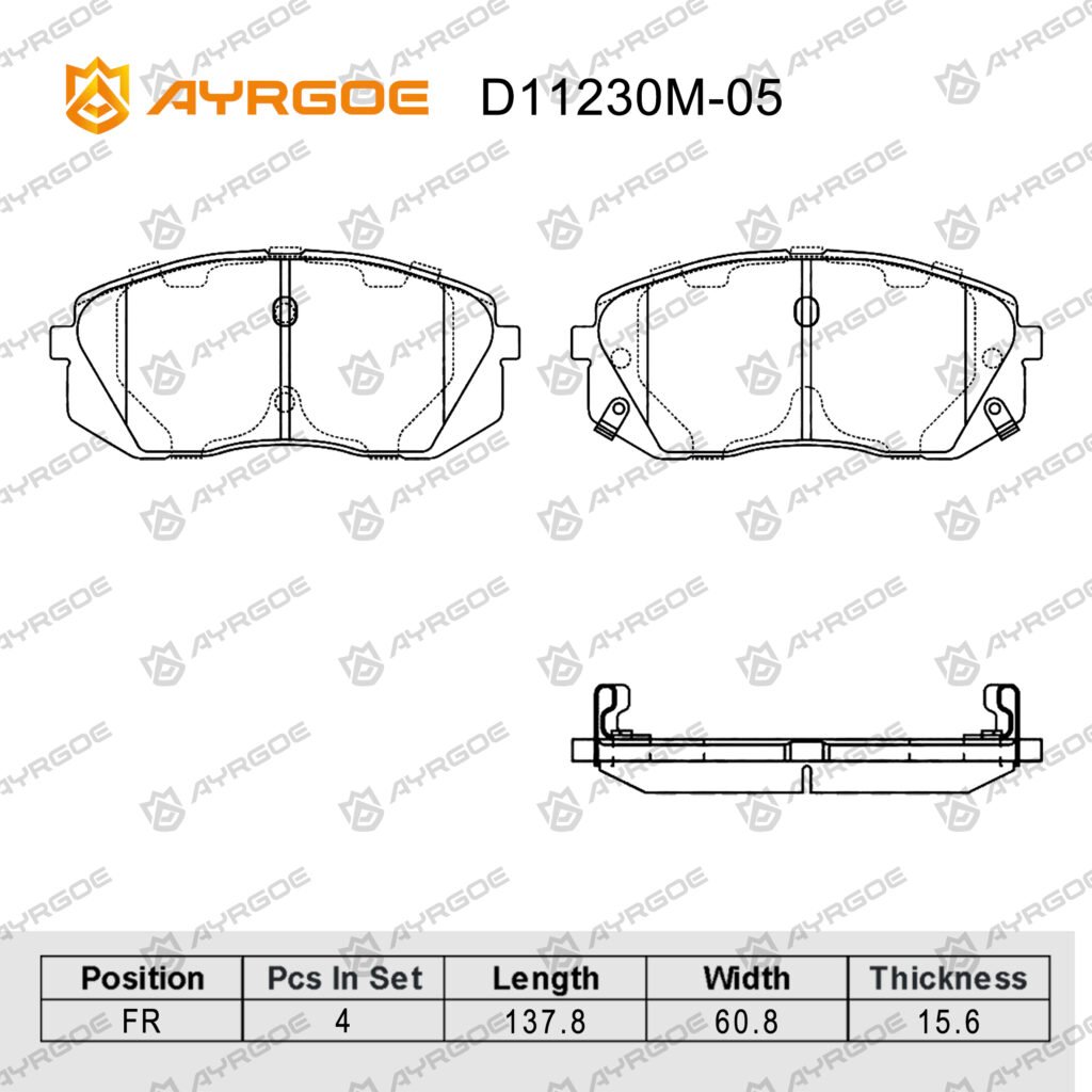 AYRGOE D11230M-05 BRAKE PAD FR Kia Sonata YF 10-15,YF 15-20/Tucson TM 09-15,PD 15-20/Sportage SL 10-15/iX35 09-17/Cadenza 09-16/Carens 06-12/Ceed 18-/Cerato 18-21/ K3 K5 K7 Optima 09-20/Seltos 19-