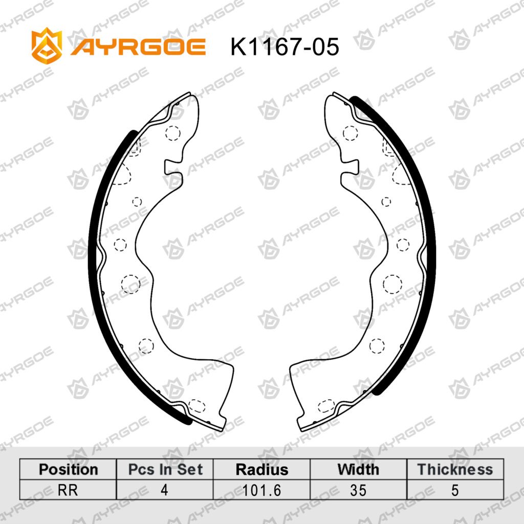AYRGOE K1167-05 BRAKE SHOE RR NISSAN PRIMERA P10 90-96, P11 95-96/ALMERA N15 95-00/SUNNY B14 B15 N16 94-03