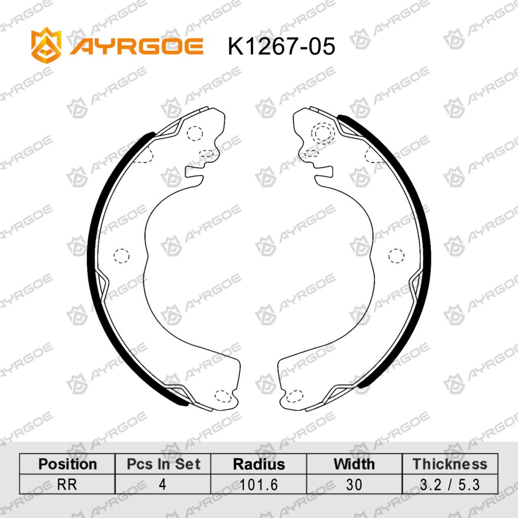 AYRGOE K1267-05 BRAKE SHOE RR MMC Lancer 07-17/Colt 04-12/Space Star 03-24/Nissan Tiida 04-13